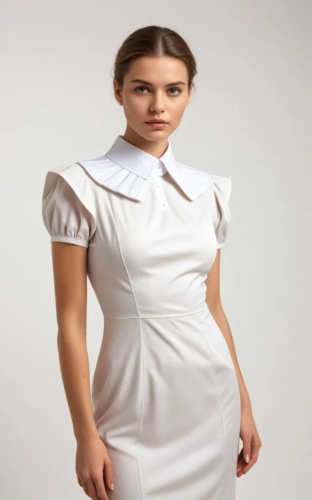 A European female model wearing a dress with an Attached collar, white background, bust portrait